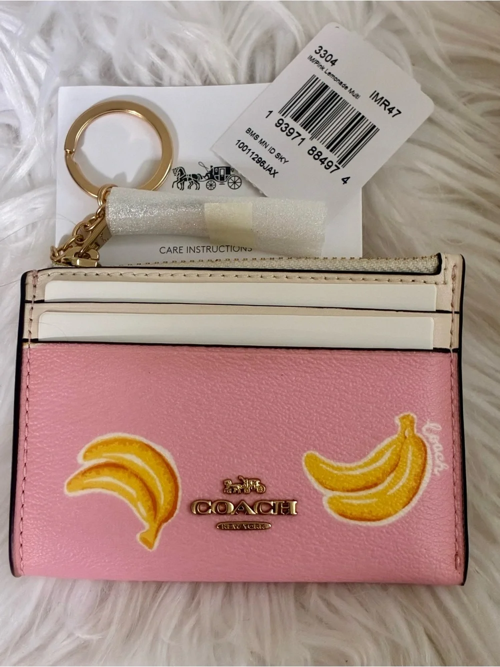 Coach Mini Skinny ID Card Case Bag Charm With Banana Print In Pink Lemonade NWT